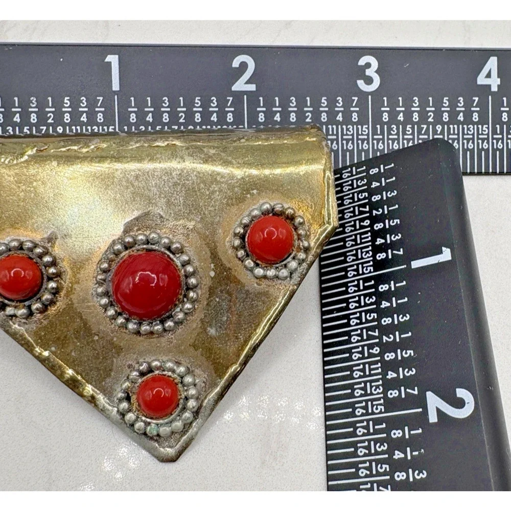 Large Antique Yemeni Brass Coral Hand Made Pendant Judaica Folk Tribal Gypsy Art